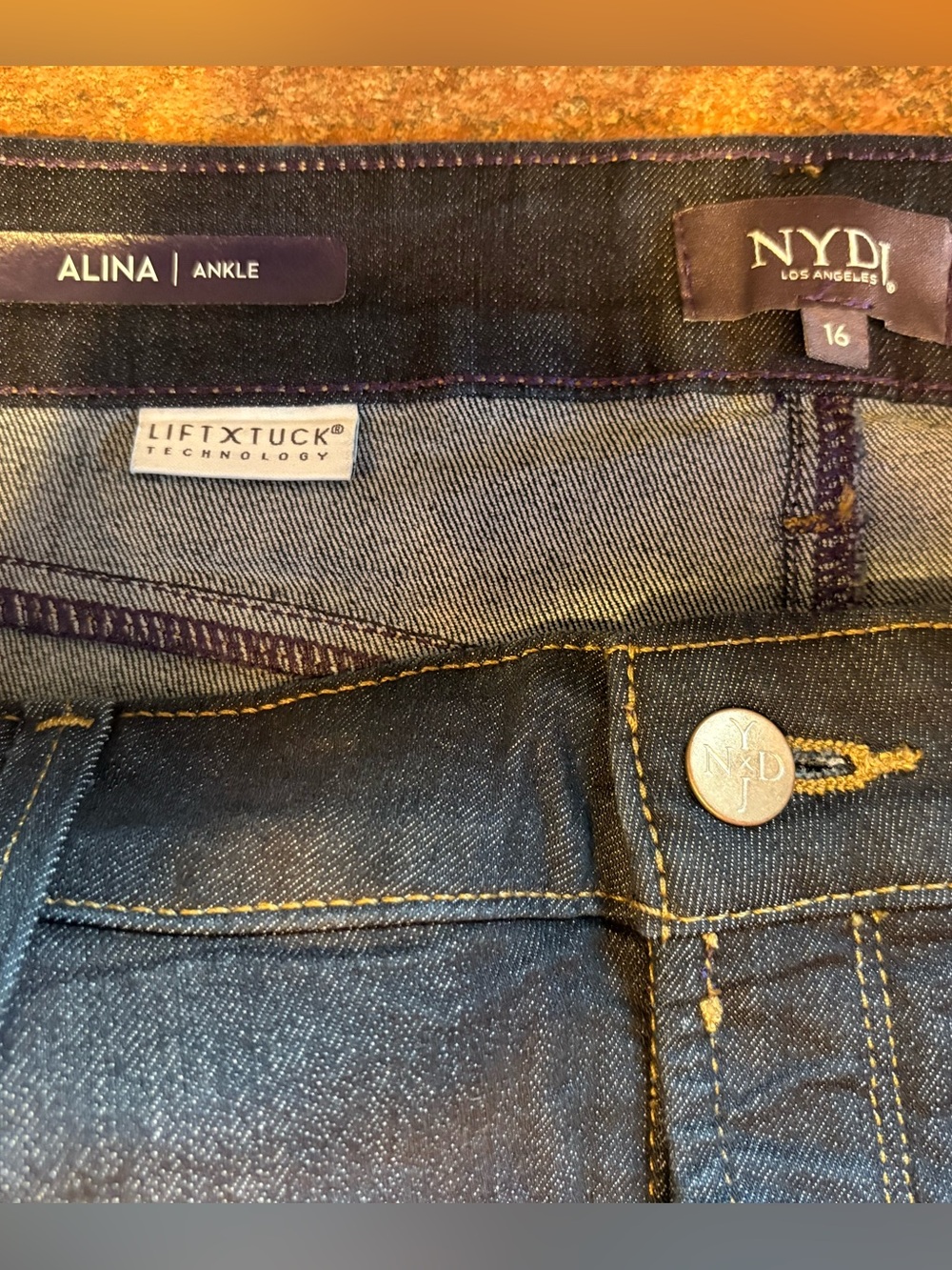 NYDJ Alina Ankle Jeans in Dark Indigo with Gold Stitching